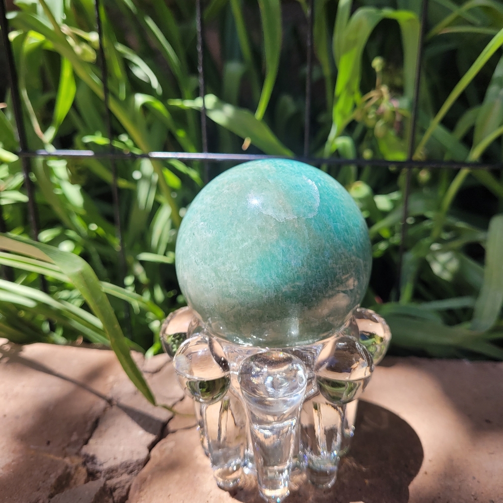 Elegant Amozonite Crystal Sphere on Clear Stand 63.5mm